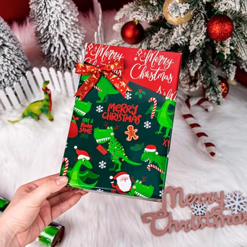 Yarcony Dinosaur Christmas Wrapping Paper, Green Wrapping Paper Roll, Reversible Happy Dinosaur and Santa Claus Dino Christmas Gift Wrap for Kids Boys Men Holiday Present Packaging (17 Inch X 33 Feet) - Image 4