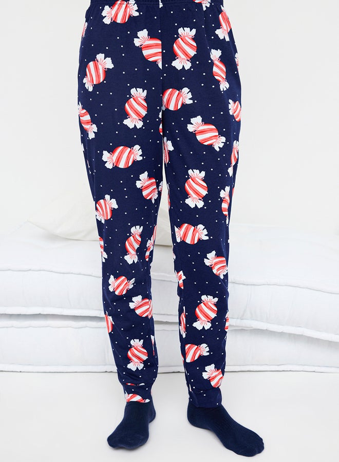 trendyol Navy Blue 100% Cotton Fun Candy Printed Knitted Pajamas Set - Image 3