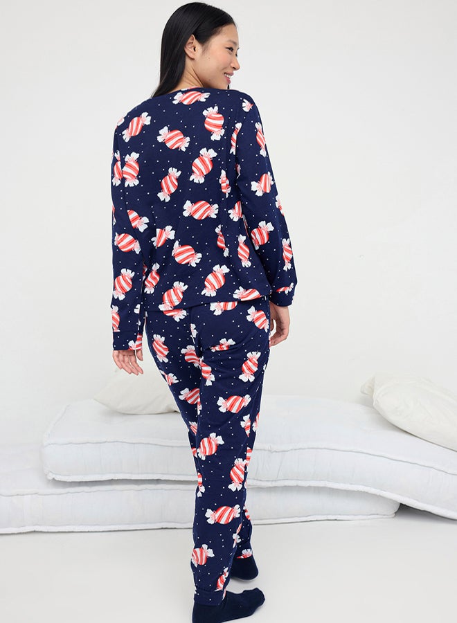 trendyol Navy Blue 100% Cotton Fun Candy Printed Knitted Pajamas Set - Image 4