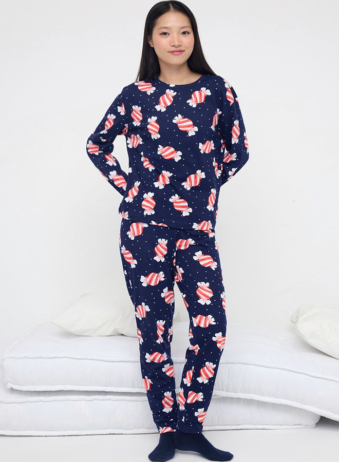trendyol Navy Blue 100% Cotton Fun Candy Printed Knitted Pajamas Set - Image 2