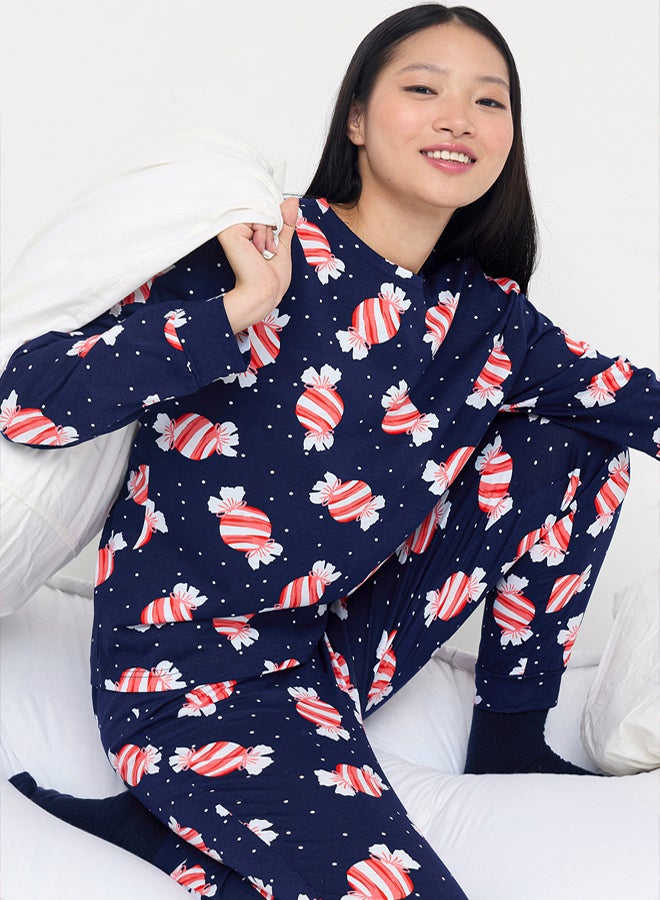 trendyol Navy Blue 100% Cotton Fun Candy Printed Knitted Pajamas Set - Image 1