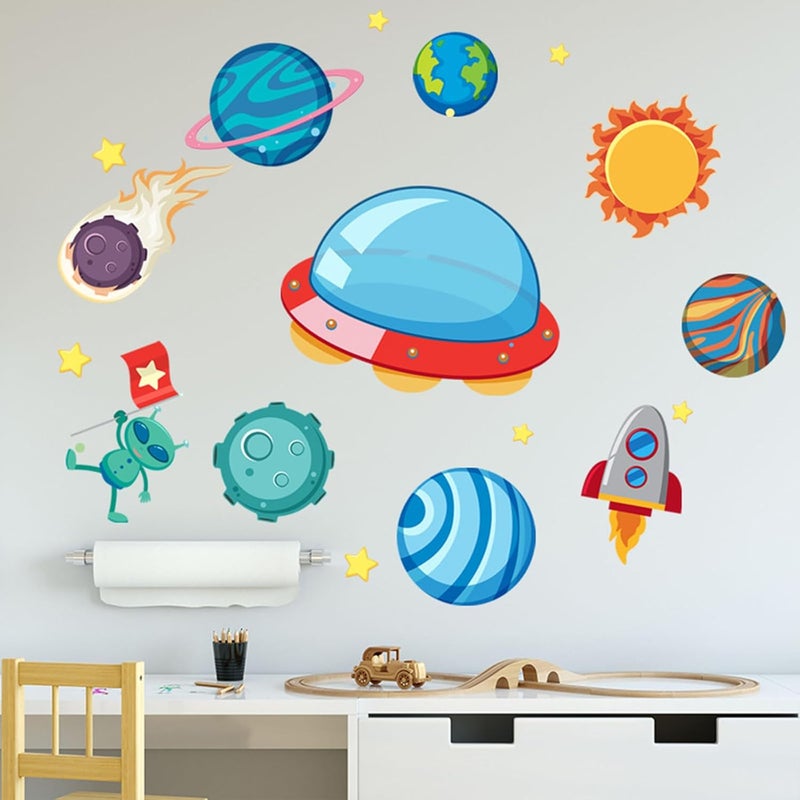 ARS Outer Space Wall Stickers for Kids Bedroom, Planet & Rocket Wall Decals for Nursery Decor, Solar System Astronaut Wall Art for Playroom, No-Residue Self-Adhesive Wall Art (30 x 60cm) - Image 1