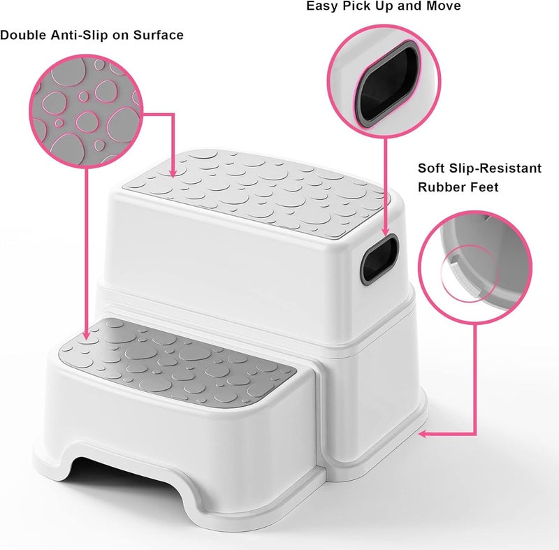 MIXEN 2 Step Stool for Kids Toddler for Toilet Potty Training Slip Resistant Soft Grip for Bathroom Kitchen Step Stool Dual Height Wide Two Step 1 Pack WhiteGrey - Image 3