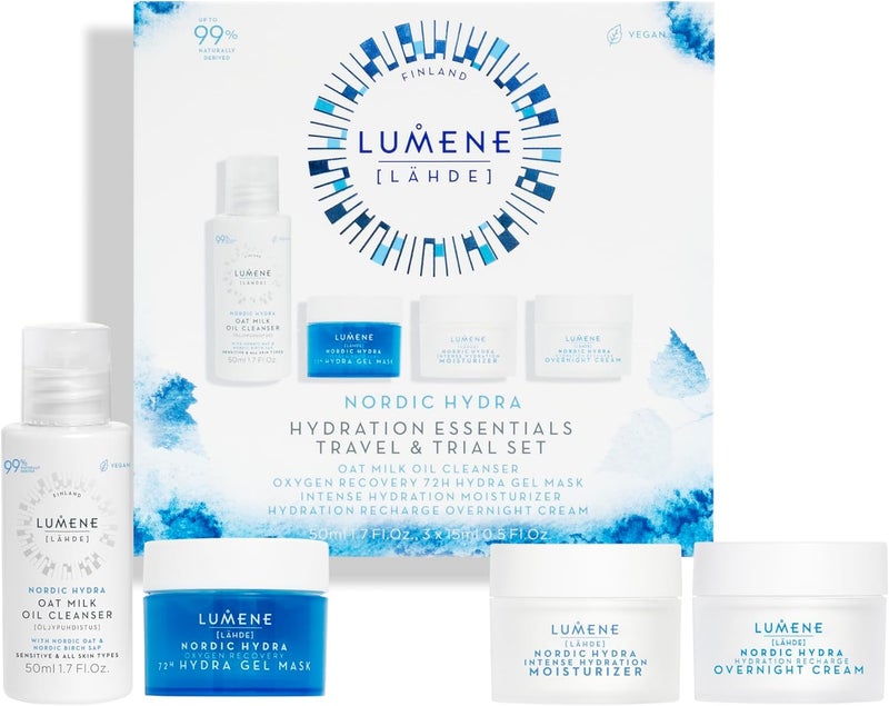 LUMENE Nordic Hydra LHDE Travel and Sample Set with Hyaluronic Acid for Moisture Boost with Oil Cleanser 50 ml Hydra Gel Mask Overnight Cream and Moisturiser Vegan