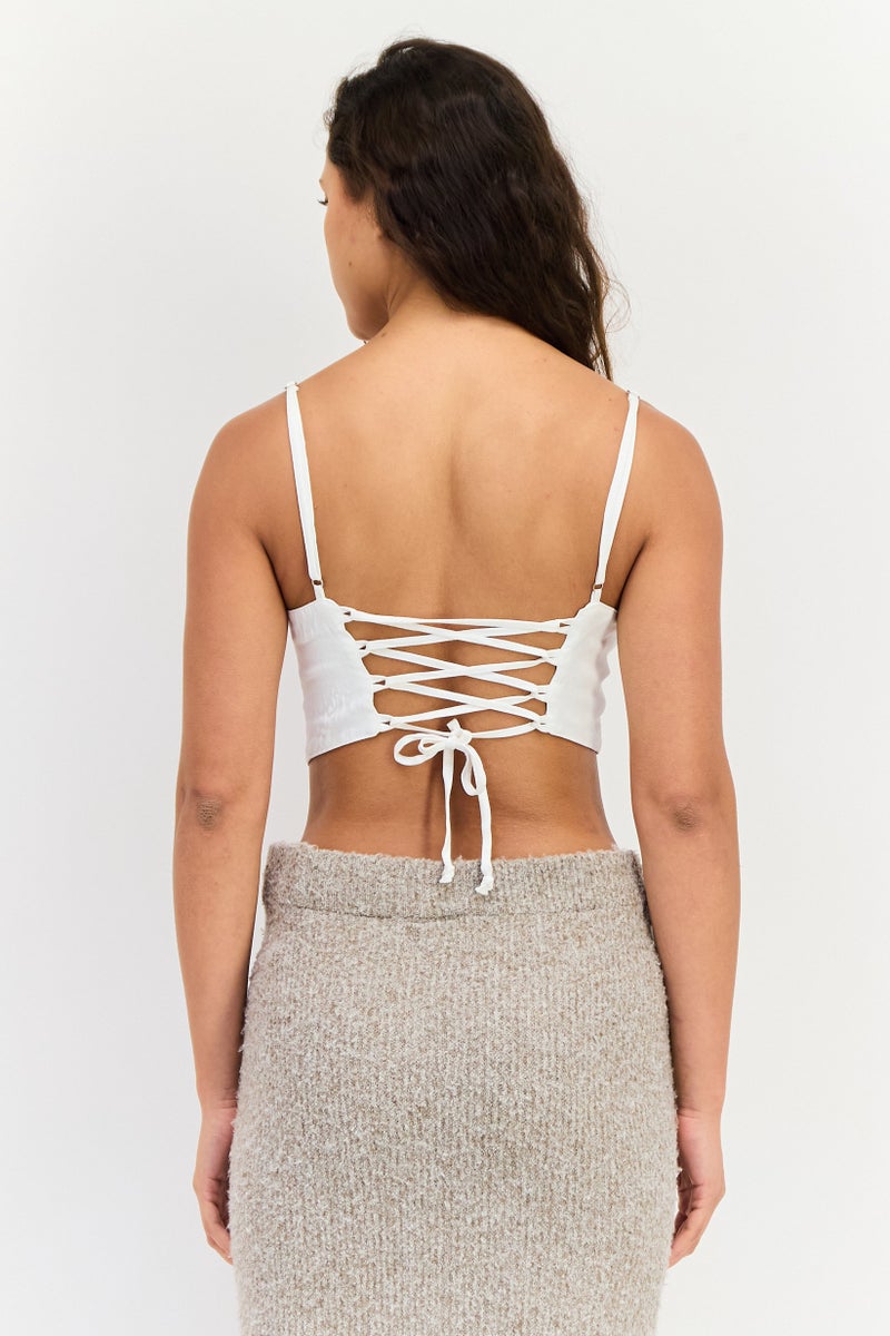 Bershka Women U-Neck Sleeveless Solid Crop Top, Off-White - Image 3