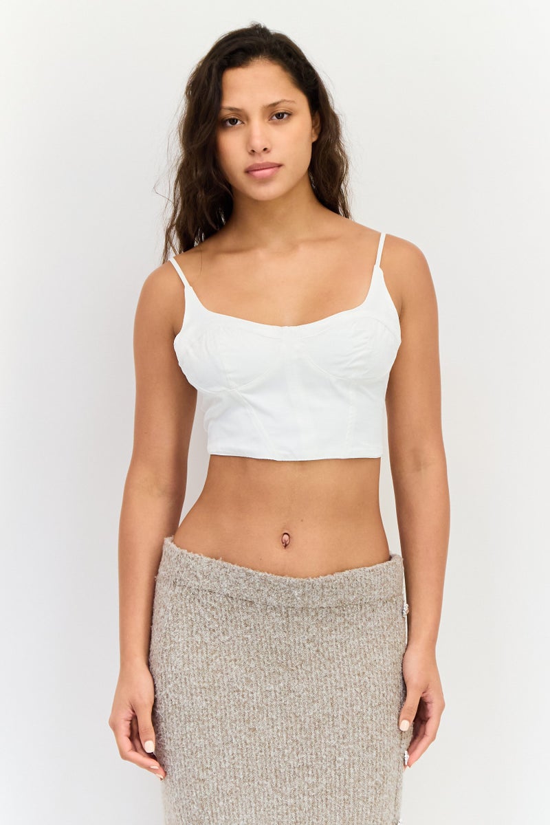 Bershka Women U-Neck Sleeveless Solid Crop Top, Off-White - Image 1