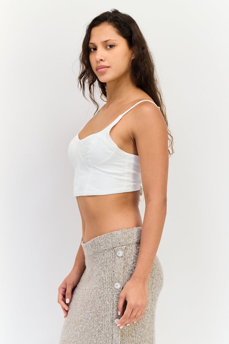 Bershka Women U-Neck Sleeveless Solid Crop Top, Off-White - Image 2