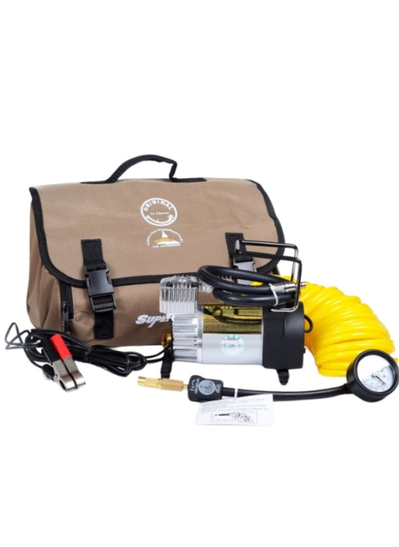 camel Air Compressor, Al-Jamal Super Safari 1-Cylinder Professional Tire Inflator With 12V Power And 150 PSI, Equipped With An Air Pressure Gauge And Automatic Thermal Reset Protection Feature.  - Image 1