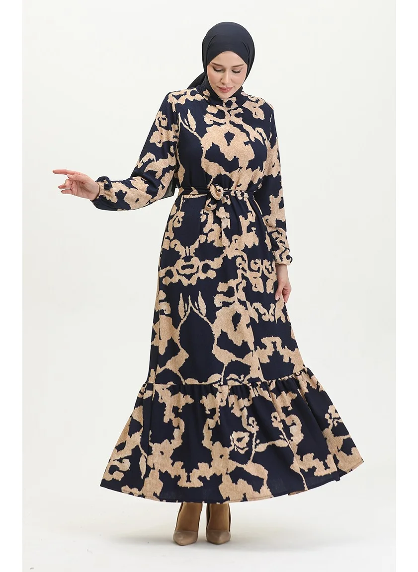 Sefa Merve Mixed Patterned Belted Dress 0388-02 Navy Blue Mink