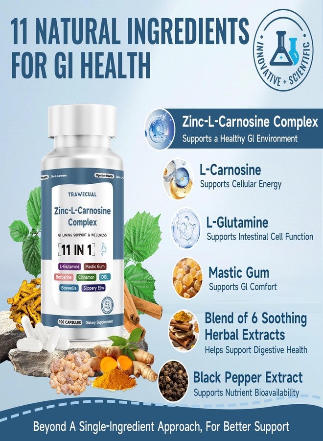 Trawecual Zinc L Carnosine Complex 85mg, 11-in-1 Digestive & Gut Health Support Supplement, with Soothing Herbal Extract Blend, L-Glutamine & Mastic Gum, 100 Capsules, Non-GMO, Vegan - Image 2