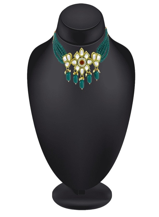 Okos Traditional Jewellery Gold Plated Multistrand Choker Style Necklace Set Studded With Green Kundan Stones For Girls and Women NL1000598GRN - Image 4