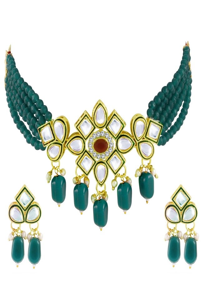 Okos Traditional Jewellery Gold Plated Multistrand Choker Style Necklace Set Studded With Green Kundan Stones For Girls and Women NL1000598GRN - Image 1