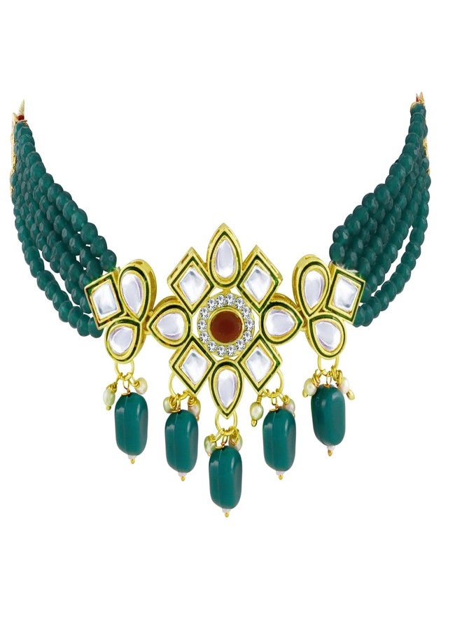 Okos Traditional Jewellery Gold Plated Multistrand Choker Style Necklace Set Studded With Green Kundan Stones For Girls and Women NL1000598GRN - Image 2