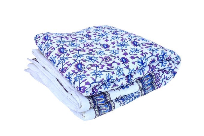 TRADITIONAL FAMOUS RAJASTHANI PRINT JAIPURI BEAUTIFUL FLORAL PRINT IN MULTI BLUE AND PURPLE IN MUGHAL PRINT JAIPURI RAJAIRAZAIQUILT SINGLESINGLE BED QUILTCOMFORTERAC QUILTAC COMFORTER