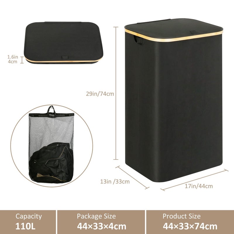 TRASSLE Laundry Basket with Lid, 110L Large Laundry Hamper with Handle and Lid, Collapsible Clothes Basket Organizer with Removable Inner Bag for Clothes Toys Towels (Black) - Image 3