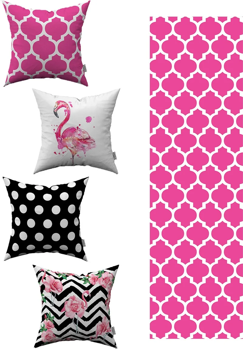 Cango Home Pink Black Geometric Flamingo Patterned 4-Piece Throw Pillow Case 1 Runner Set 4KMBS021-RS