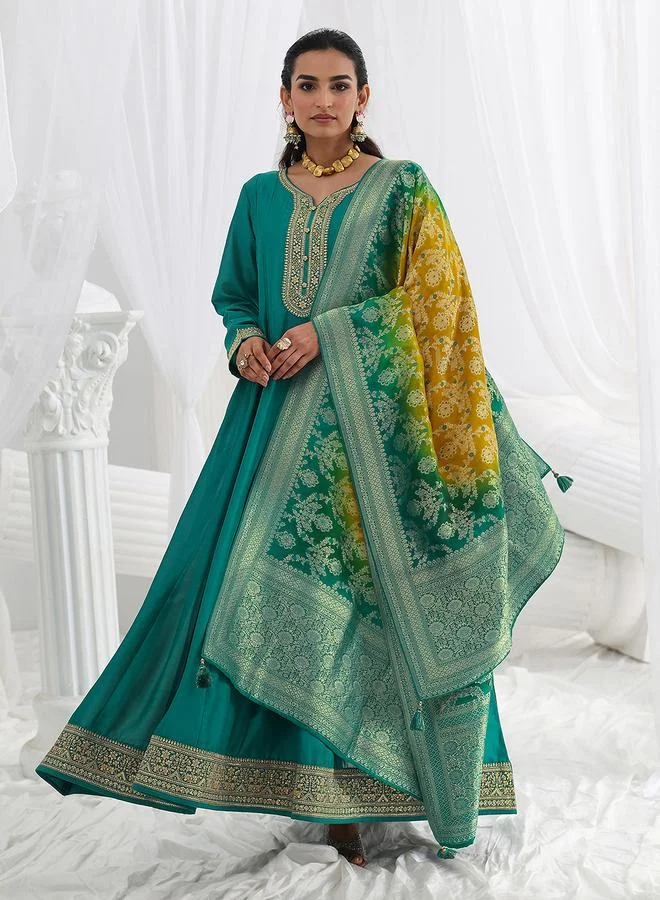 Libas Green Embroidered Silk Blend A-Line Gown