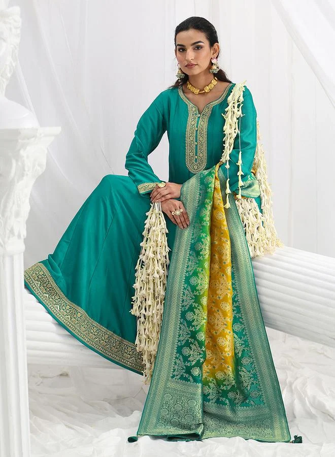 Libas Green Embroidered Silk Blend A-Line Gown