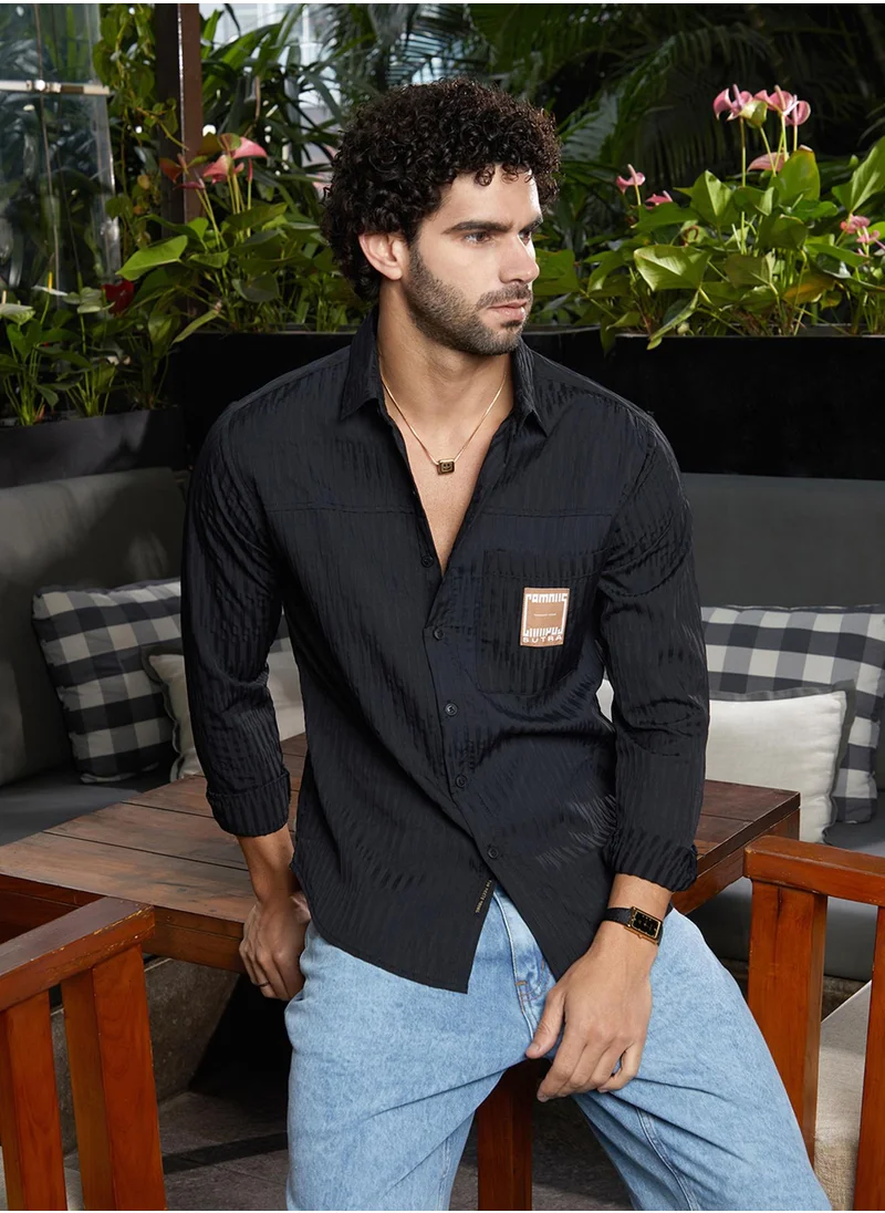 Campus Sutra Men's Onyx Black Panelled -Tactile Shirt