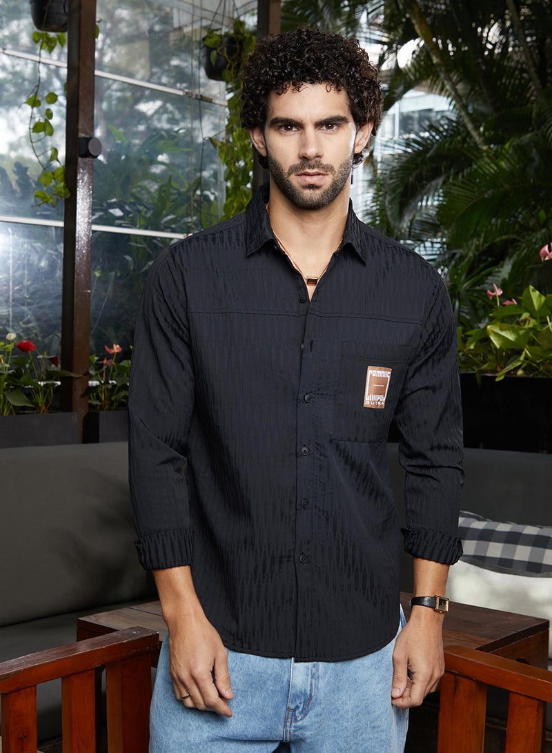 Campus Sutra Men's Onyx Black Panelled -Tactile Shirt  - Image 2