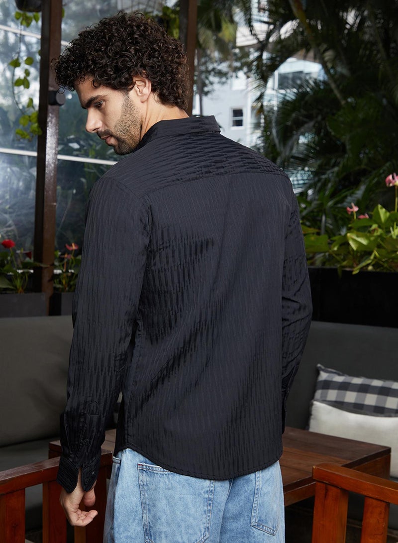 Campus Sutra Men's Onyx Black Panelled -Tactile Shirt  - Image 5