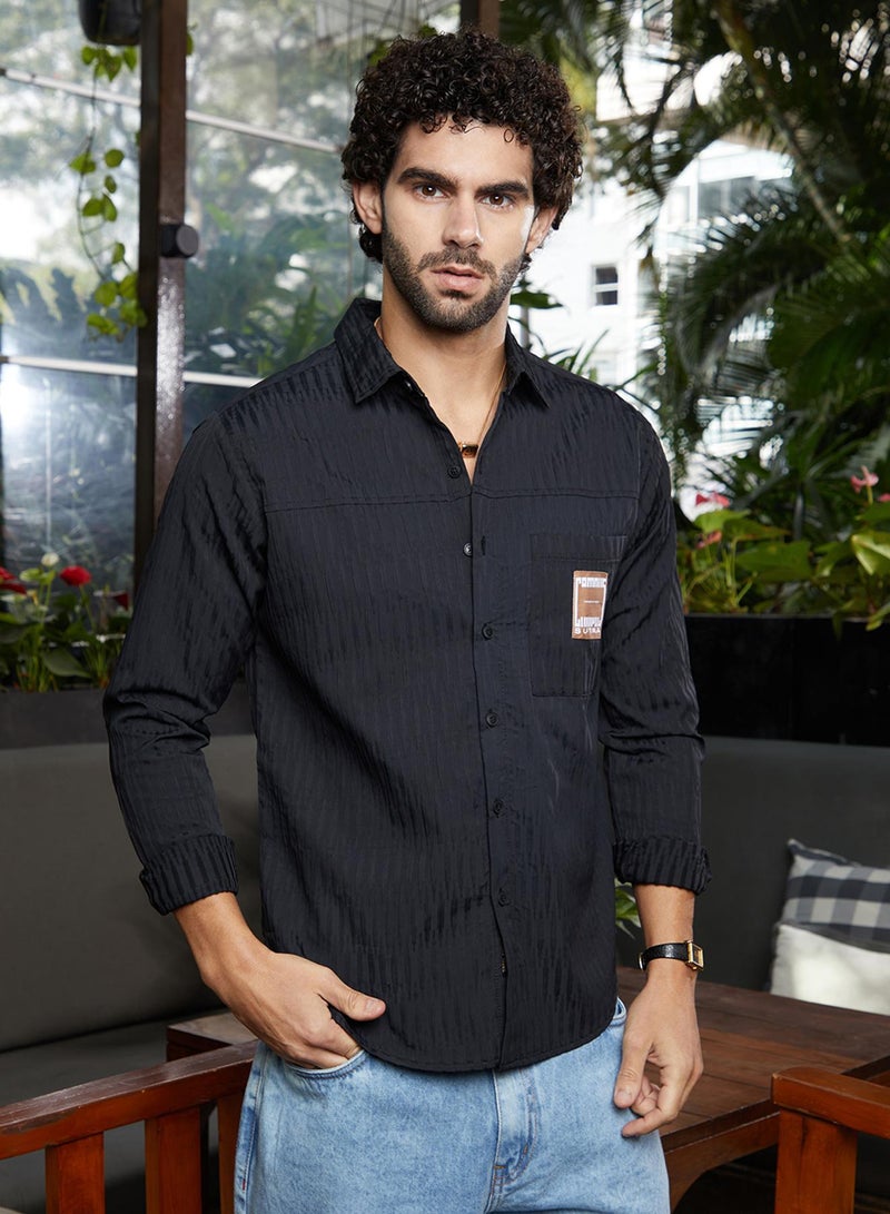 Campus Sutra Men's Onyx Black Panelled -Tactile Shirt  - Image 3