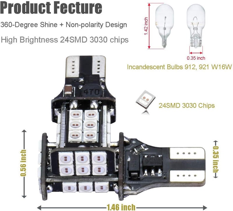 iBrightstar Extremely Bright 3030 Chipsets T15 912 W16W 921 LED Bulbs Error Free for Truck Cargo Lights, High Mount / 3rd Brake Lights, Brilliant Red - Image 2