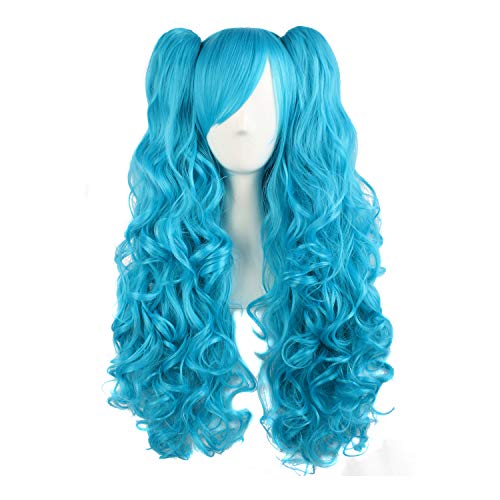 MapofBeauty 28"/70cm Lolita Long Curly Clip on Ponytails Cosplay Wig (Azure Blue) - Image 1