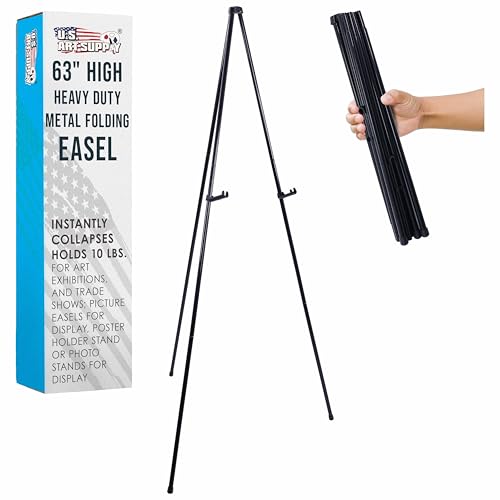 US Art Supply 63 High Heavy Duty Metal Folding Display Easel Adjustable Height Holds 10 lbs Portable Art Easel Stand for Sign Poster Canvas Painting Picture Display