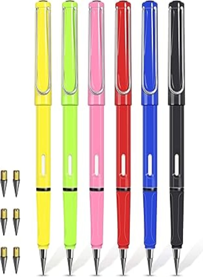 Forever 6Pcs Everlasting Pencil, Inkless Pencil Eternal with 6pcs Replacement Nibs, Inkless Pen Unlimited Writing Pencil, Reusable Erasable Pencil for Student Artist Writing Drawing, Kids Gifts (6pcs-A)