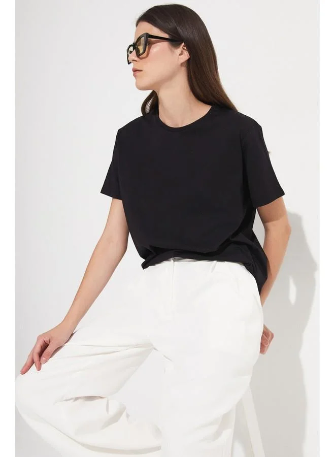 JUNE June Cotton Regular/Normal Fit Short Sleeve Basic Crew Neck Knitted Tshirt Black