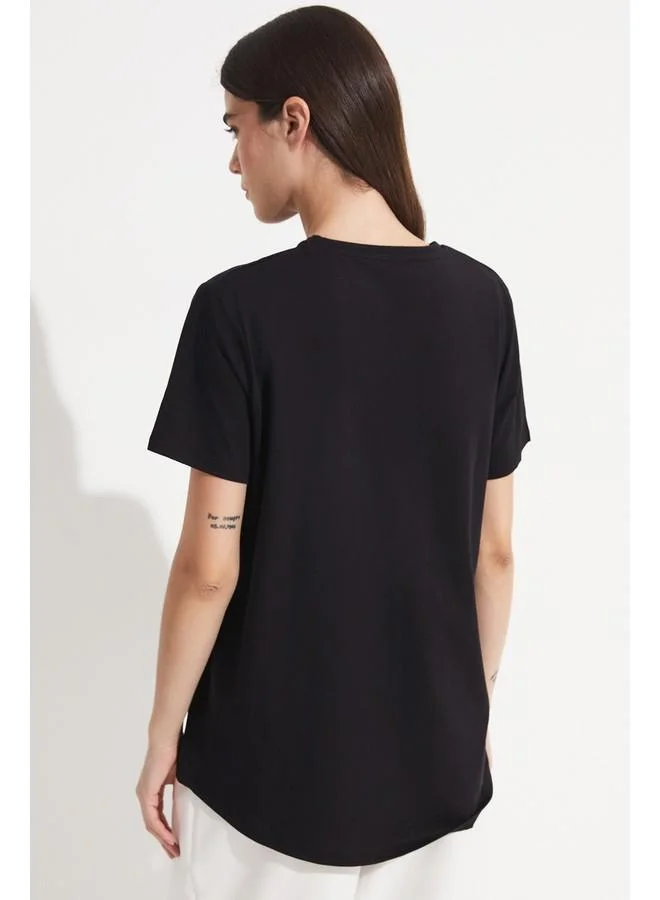 JUNE June Cotton Regular/Normal Fit Short Sleeve Basic Crew Neck Knitted Tshirt Black