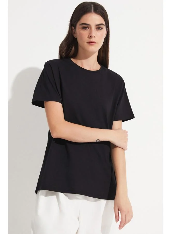 JUNE June Cotton Regular/Normal Fit Short Sleeve Basic Crew Neck Knitted Tshirt Black