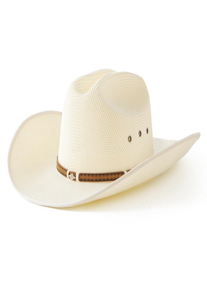Lanzom Men Wide Brim Western Cowboy Hat Classic Style Straw Western Cowgirl Hat with Leather Buckle (US, Alpha, Medium, Large, Ivory White) - Image 1