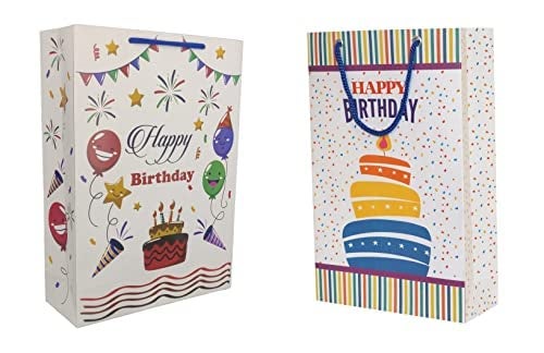 TASCHE TASCHE Star Birthday and Cake Birthday Assorted Design Printed Paper Carry Bags Gift Bags for Return gifts Birthday and presents 11 8 3 Inches Pack of 24 