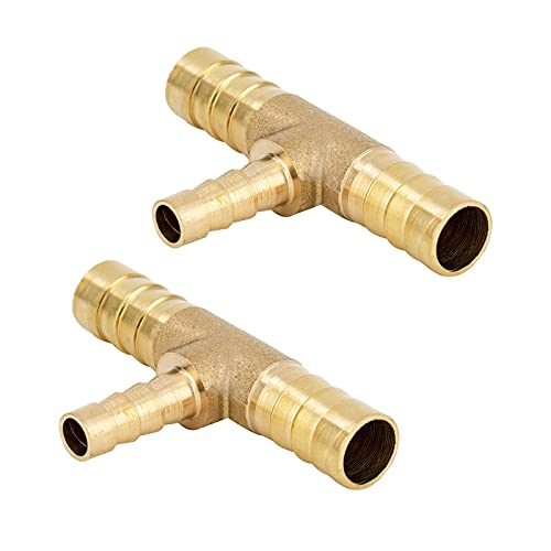 Yoebor Metalwork Brass Reducing Hose Barbed Splice T-Fitting, Reducer Tee Union Mender Joiner 1/2" x 5/16" x 1/2" Hose ID (Pack of 2) - Image 1