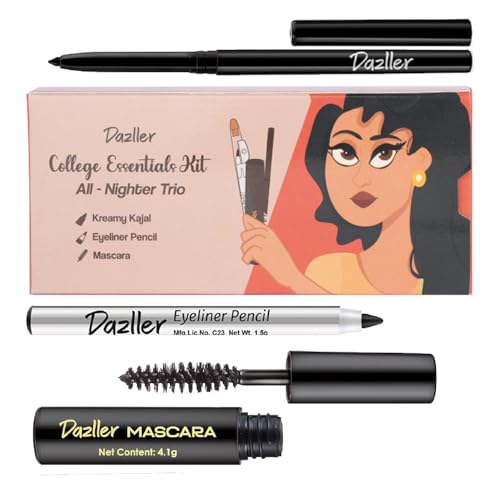 Dazller College Makeup Essentials 3 - All Nighter Trio|Kajal|Mascara|Eyeliner|Water-Resistant|Smudge-proof|Starter Makeup Kit for Women|5.35g - Image 1