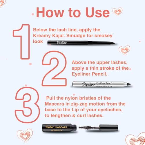 Dazller College Makeup Essentials 3 - All Nighter Trio|Kajal|Mascara|Eyeliner|Water-Resistant|Smudge-proof|Starter Makeup Kit for Women|5.35g - Image 4