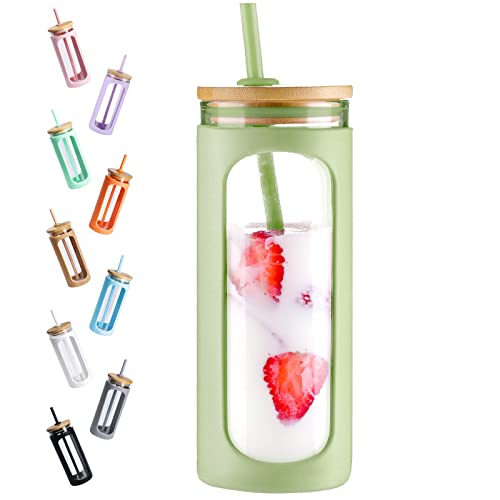 Kodrine 20oz Glass Tumbler with Straw and Lid, Iced Coffee Cups with Bamboo Lids, Glass Cups for Cold Drinks, Smoothie Cup with Silicone Sleeve for Travel, Work, BPA FREE-DaiquiriGreen - Image 1