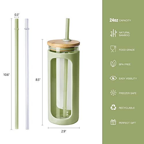 Kodrine 20oz Glass Tumbler with Straw and Lid, Iced Coffee Cups with Bamboo Lids, Glass Cups for Cold Drinks, Smoothie Cup with Silicone Sleeve for Travel, Work, BPA FREE-DaiquiriGreen - Image 2