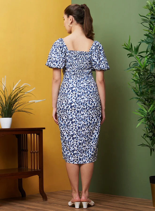 globus Globus All-Over Print Square Neck Puff Sleeves Sheath Midi Dress