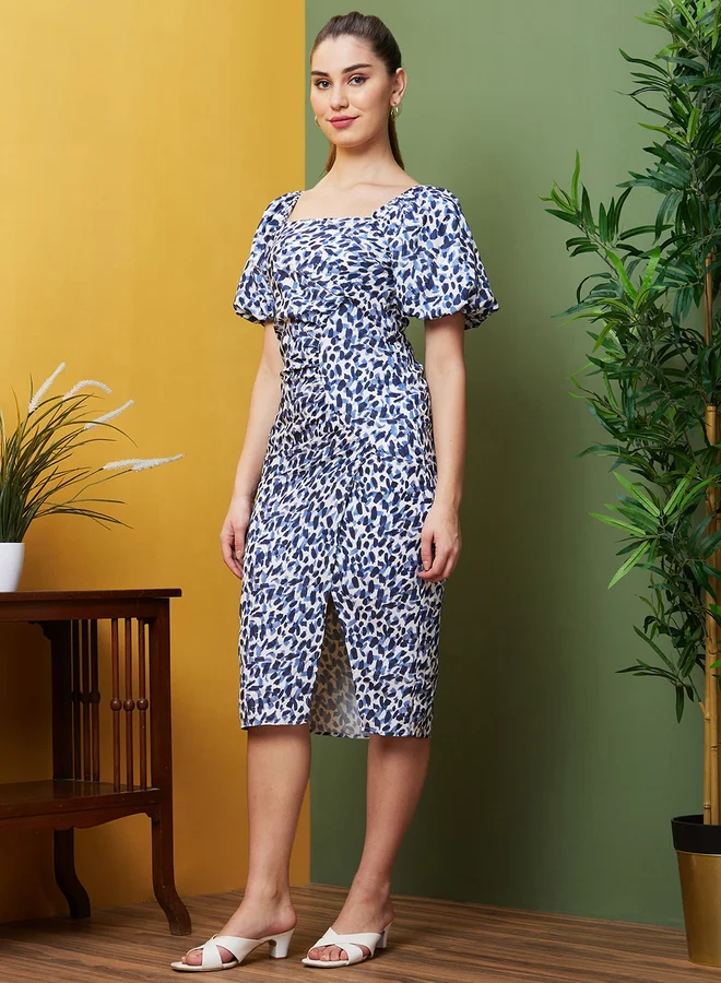 globus Globus All-Over Print Square Neck Puff Sleeves Sheath Midi Dress
