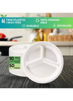 SPARK IT HOME Spark It Home Disposable Plates, Eco-friendly, Compostable Party Plates, Biodegradable, 100% Natural Sugarcane, Everyday Tableware, Heavy Duty, Microwave Freezer Safe 50 Pieces (10 Inch 3 Compartments)  - Image 1