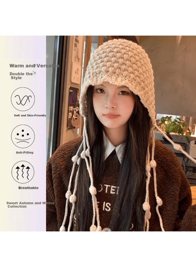 Yuzhaolin Chuanxi Travel Red Hollow Knit Hat Tassel Tie Woolen Beanie Women's Pullover Cold Weather Cap Autumn Winter - Image 1