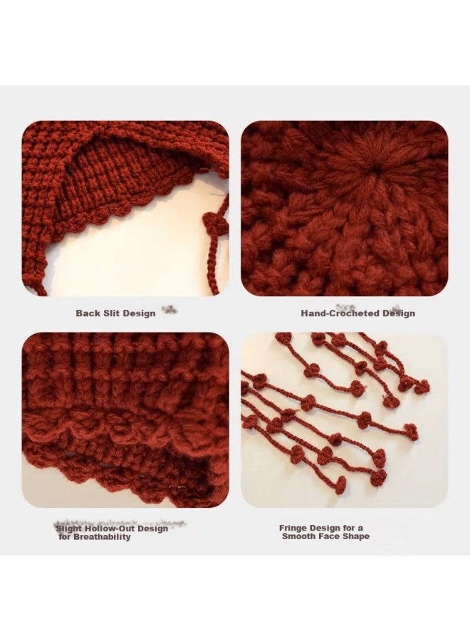 Yuzhaolin Chuanxi Travel Red Hollow Knit Hat Tassel Tie Woolen Beanie Women's Pullover Cold Weather Cap Autumn Winter - Image 4