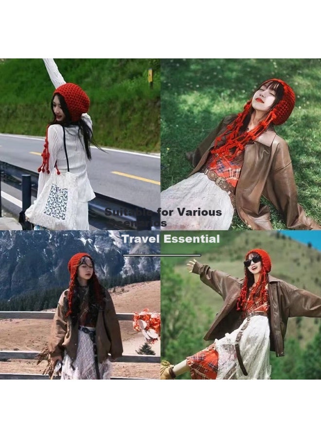 Yuzhaolin Chuanxi Travel Red Hollow Knit Hat Tassel Tie Woolen Beanie Women's Pullover Cold Weather Cap Autumn Winter - Image 3