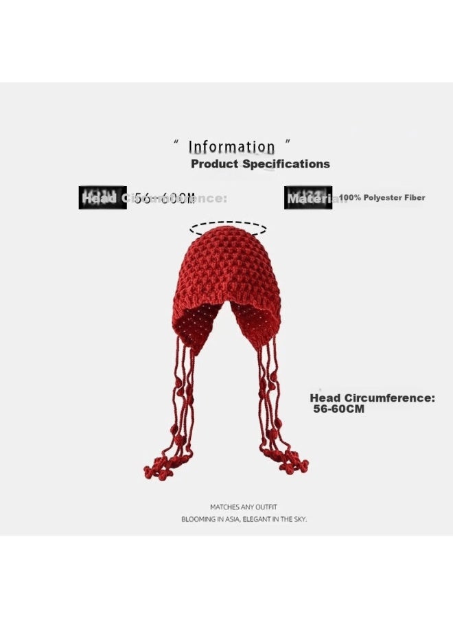 Yuzhaolin Chuanxi Travel Red Hollow Knit Hat Tassel Tie Woolen Beanie Women's Pullover Cold Weather Cap Autumn Winter - Image 5