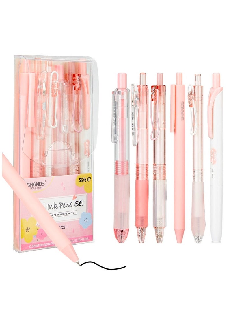 مجموعة أقلام حبر جل باستيل مكونة من 6 قطع، أقلام حبر سوداء قابلة للسحب برأس رفيع 0.5 مم لتدوين الملاحظات، عبوة من 5 أقلام حبر وعبوة واحدة من أقلام التمييز للكتابة والمدرسة والمكتب (وردي) - Image 1