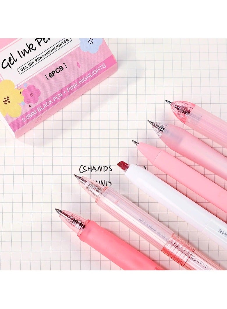 مجموعة أقلام حبر جل باستيل مكونة من 6 قطع، أقلام حبر سوداء قابلة للسحب برأس رفيع 0.5 مم لتدوين الملاحظات، عبوة من 5 أقلام حبر وعبوة واحدة من أقلام التمييز للكتابة والمدرسة والمكتب (وردي) - Image 3