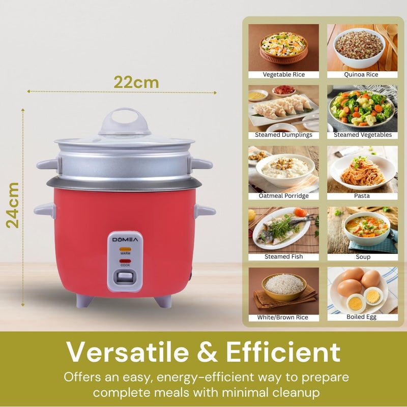 DOMEA 0.6L Electric Rice Cooker Small, Cook, Steam, Warm 3-in-1 Functions, 350W, Tempered Glass Lid, Non-Stick Inner Pot, Extendable Steam Tray for Veg/Fish/Poultry, Ideal for Small Kitchens - Image 5